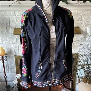 Johnny Was Black Bomber Jacket with Floral Embroidery